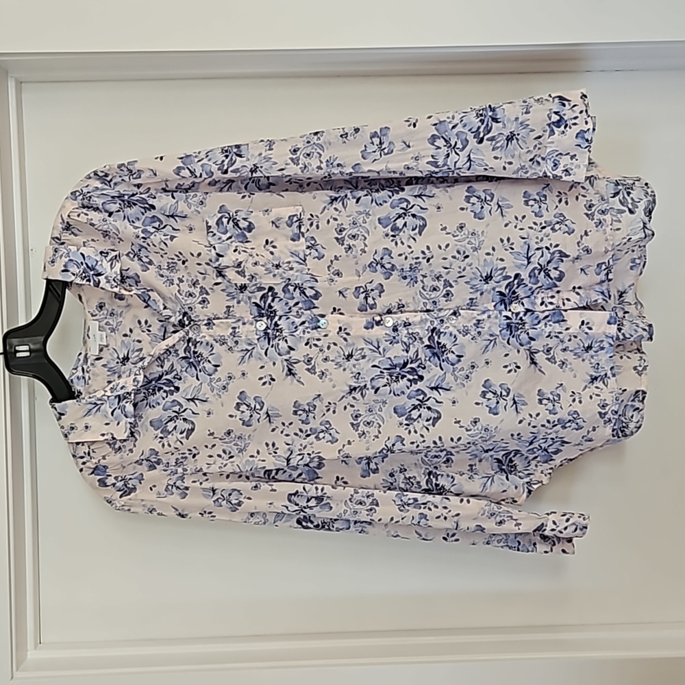 J. Jill White Button-Down Shirt with Blue Floral Print- XL